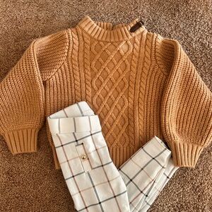Janie and Jack Camel Cable Knit Sweater and plaid legging set